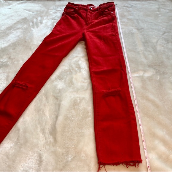 ZARA Trf Red Straight Leg Jeans High Rise Ripped Raw Hem Size 2 - Picture 9 of 11